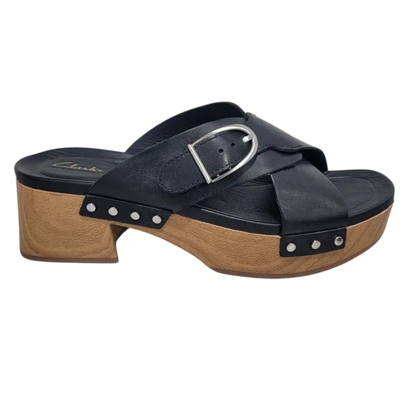 Clarks Sivanne Walk Wedge Sandal Black Leather Slip On Clog Slide Women’s 8.5 - Picture 17 of 17